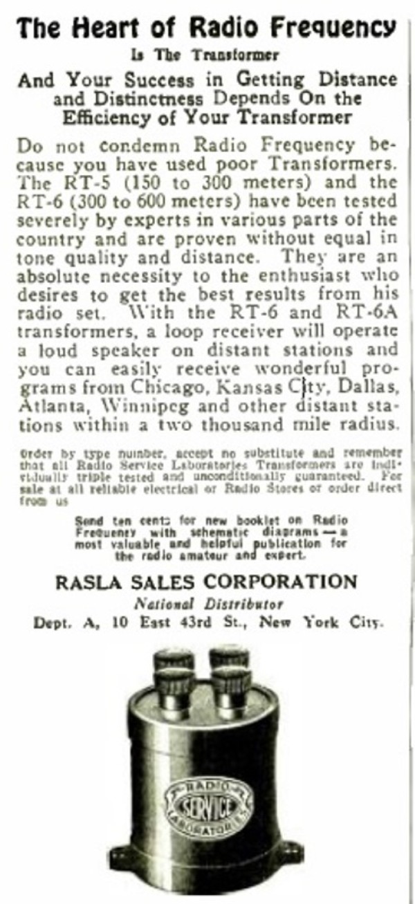 Radio Service Labs RF transformer RN Feb 1923