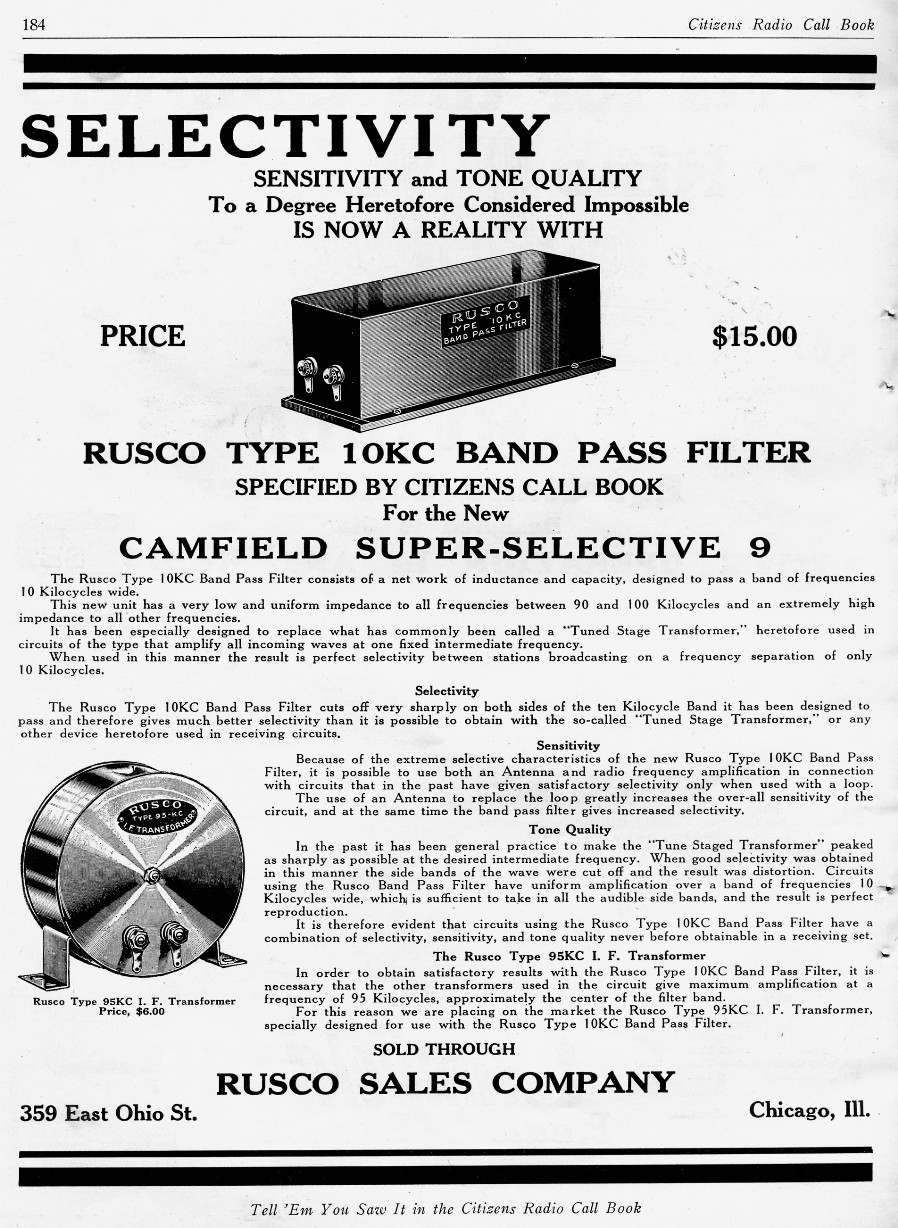 Rusco Advertisement March 1927 Citizens Radio Call Book